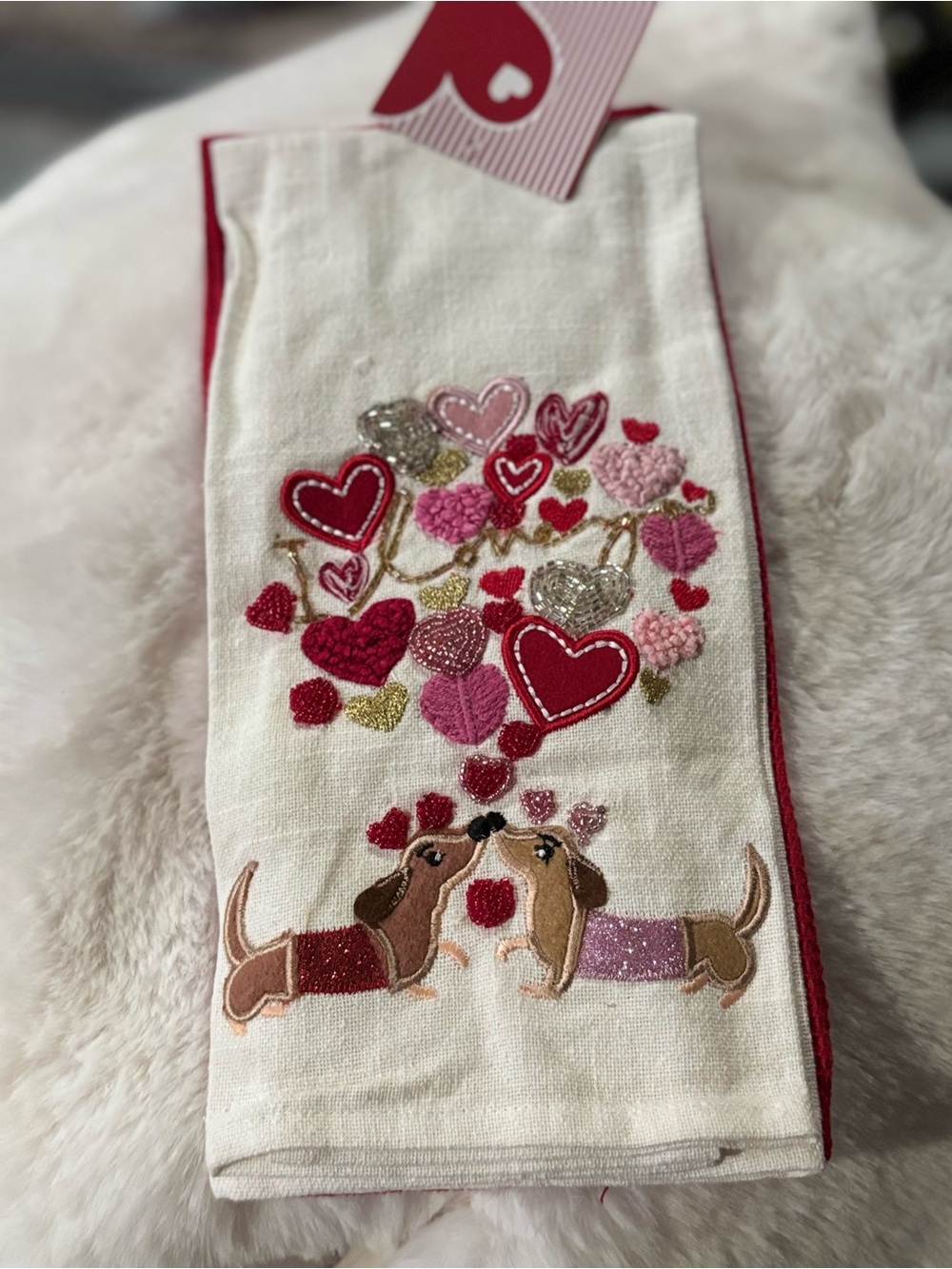 Embroidered Dachshund Valentine Kitchen Towel - White with Pinks & Red